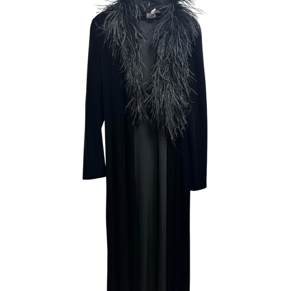 Like new Vtg Patra Black Velvet Ostrich Feather Shawl Collar Long Duster L